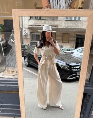 bézs vászon szett övvel s/m